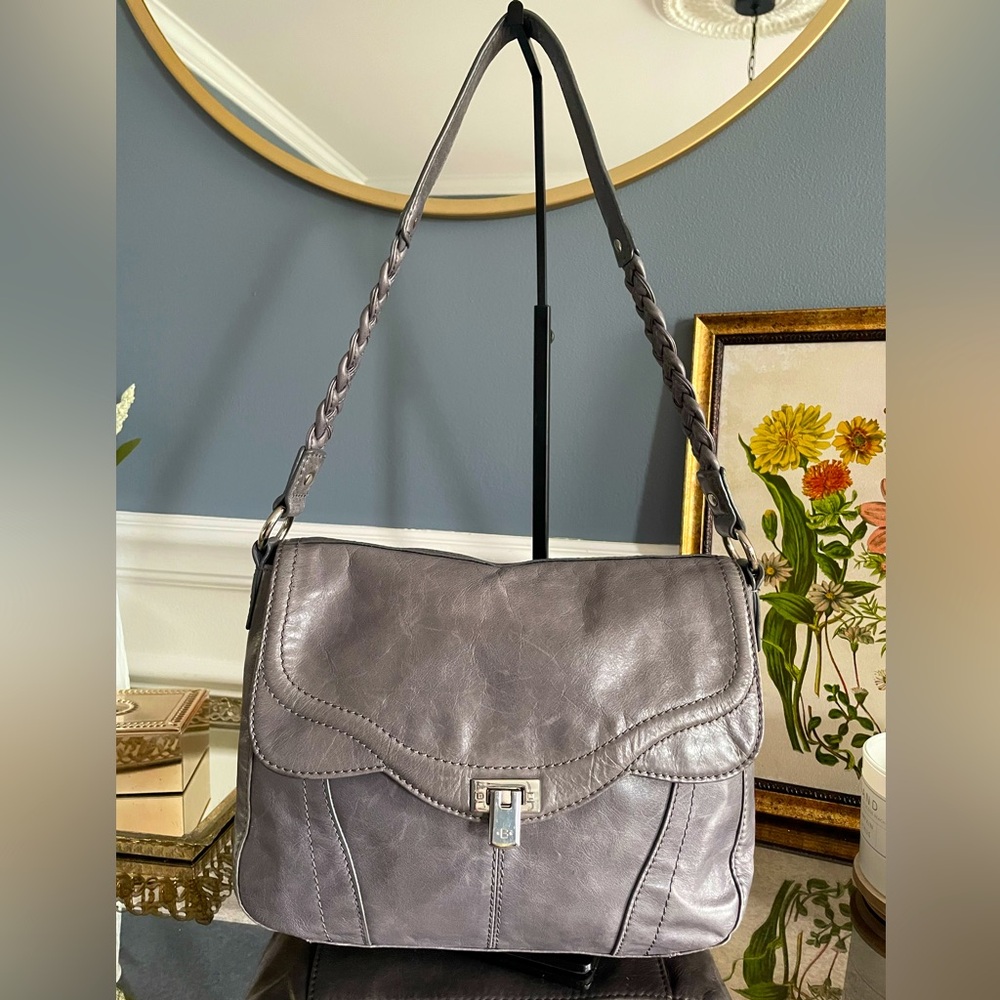 B. Makowsky Slit Pocket Shoulder Bag in Gray Leather